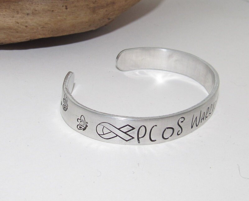 PCOS awareness warrior cuff bracelet, awareness jewelry, chronic illness awareness gift, personalized bracelet for her, hand stamped jewelry, view 2