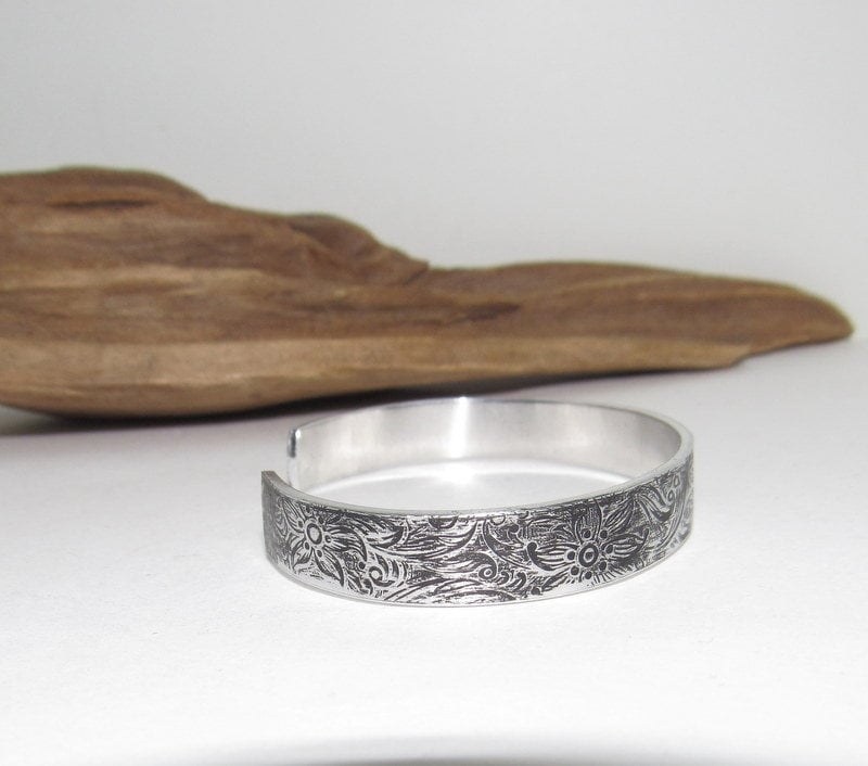 Tarnished Paisley Floral Print Embossed Cuff, boho paisley jewelry, personalized cuff bracelet, Bff gift, western jewelry cuff,, view 2