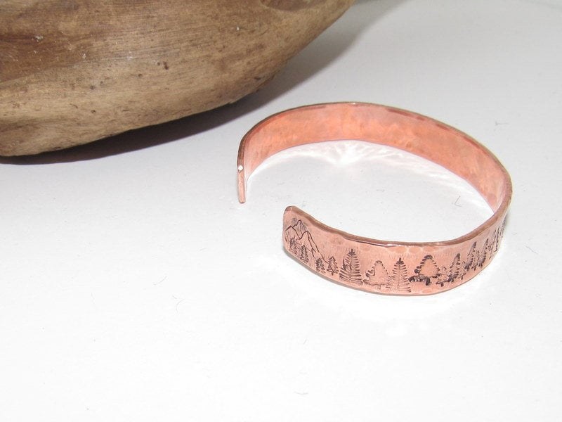 Mountain bracelet with trees, adjustable copper cuff, stamped jewelry, stamped copper bracelet,, view 4