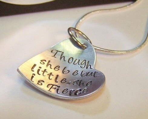 Though she be little she is fierce, custom stamped personalized pewter heart necklace, hand stamped jewelry , gifts for her, team gifts, view 2