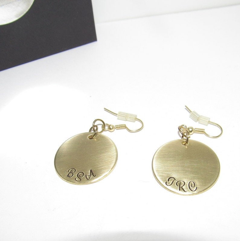custom gold earrings for mom, personalized bridal earrings, hand stamped dangle drop earrings, handstamped jewelry, view 3