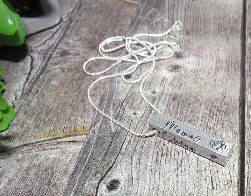 your wording 4 side pewter bar necklace, personalized necklace, names necklace , hand stamped jewelry, engraved mom necklace, view 3
