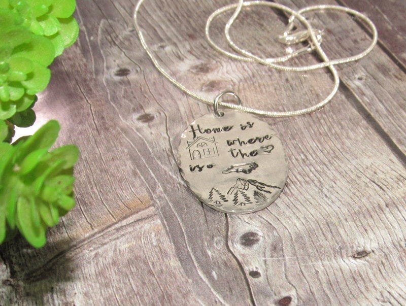 Pewter Home is where the heart is necklace, personalized jewelry for mom , Mothers custom hand stamped jewelry, handstamped jewelry, view 2