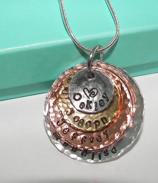 4 layer mom hand stamped necklace with kids names, personalized mom necklace, custom handstamped jewelry, Mothers day gift for Grandma