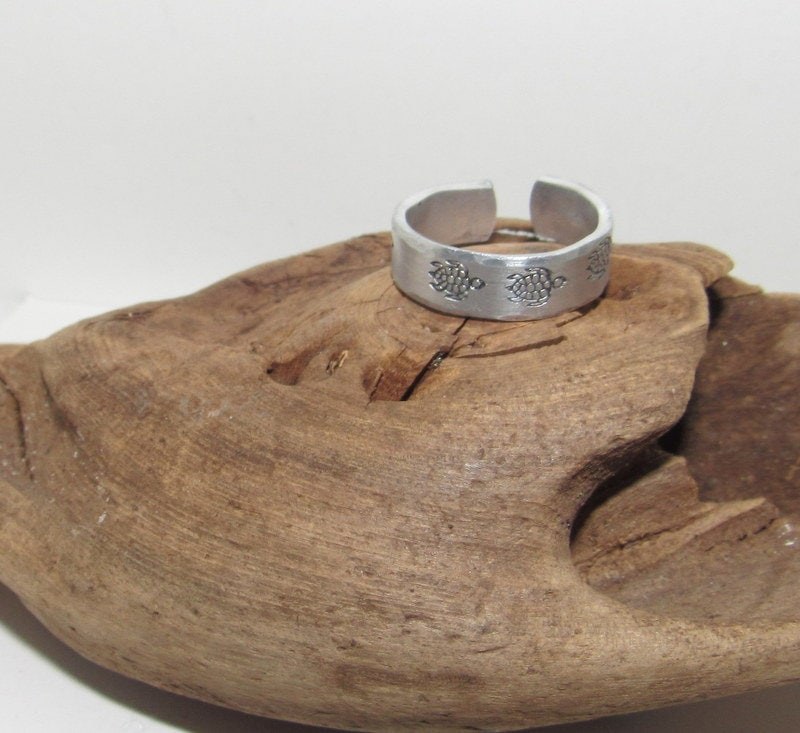 Stamped turtle ring, Personalized Adjustable stamped ring, turtle lover stamped jewelry, boho beachring, view 4