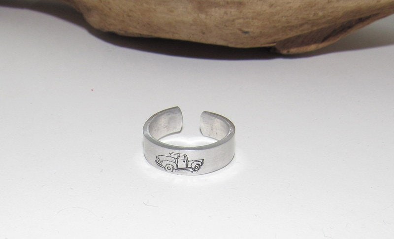 Old truck ring, little red truck ring, Personalized Adjustable stamped ring, truck lover stamped jewelry, boho ring, view 3