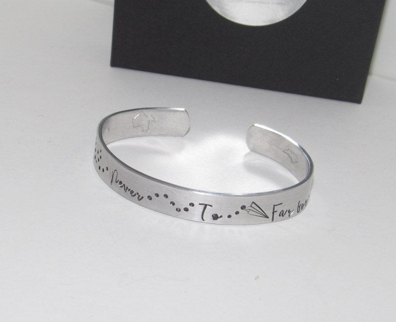 Never to far for friends personalized cuff bracelet ,bff long distance friendship cuff, custom hand stamped jewelry, handstamped jewelry, view 4