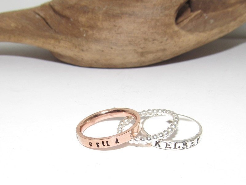 skinny stacking name ring, custom personalized kids name jewelry, hand stamped jewelry for mom, Anniversary gift for mom