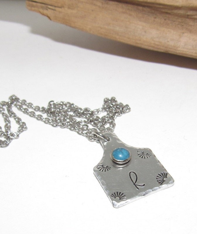 Personalized Initial Cow tag necklace with faux turquoise for her, horse lover gift, western jewelry for her, pendant necklace, view 2
