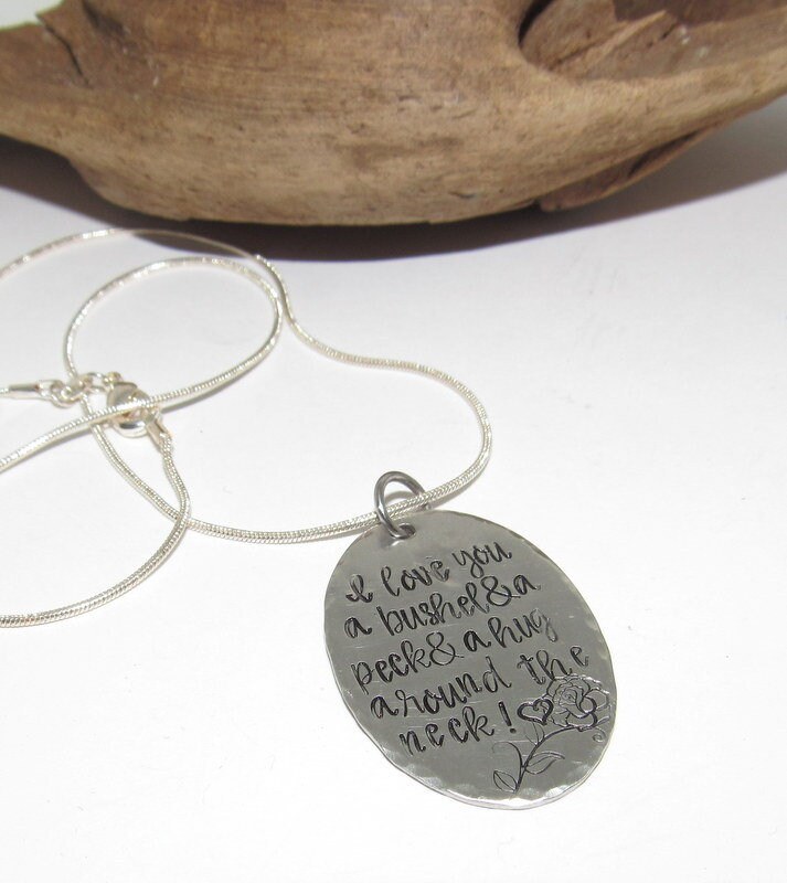 Pewter I love you a bushel and a peck & a hug around the neck necklace, personalized jewelry for mom, Mothers custom hand stamped jewelry, view 2