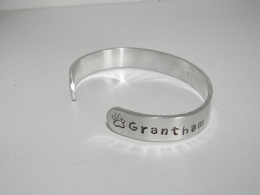 Pewter hand stamped cuff bracelet, gift personalized with name and school , custom handstamped jewelry, handstamped jewelry, view 2