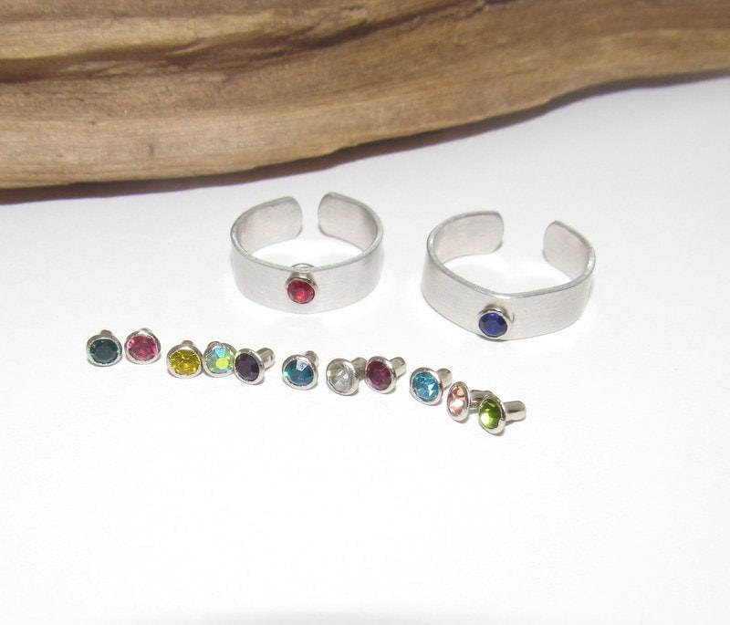 silver aluminum birth stone ring, adjustable birthstone ring, personalized birth month ring. Custom Stamped Name Ring, view 7