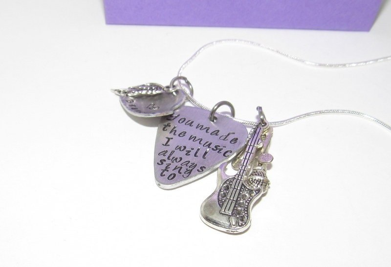 Pewter jewelry , The music I sing to memorial guitar pick necklace, personalized jewelry , custom hand stamped jewelry, handstamped jewelry, view 2