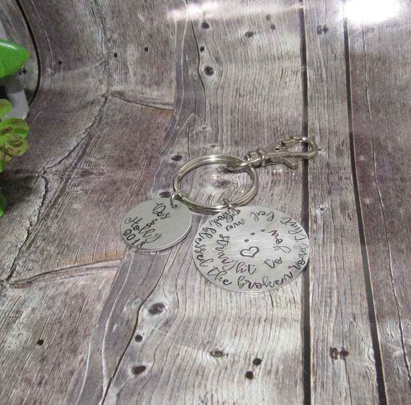 Pewter God bless the broken road, couples keyring, gift for mom , Wedding gift for him or her, key chain for couples, view 3