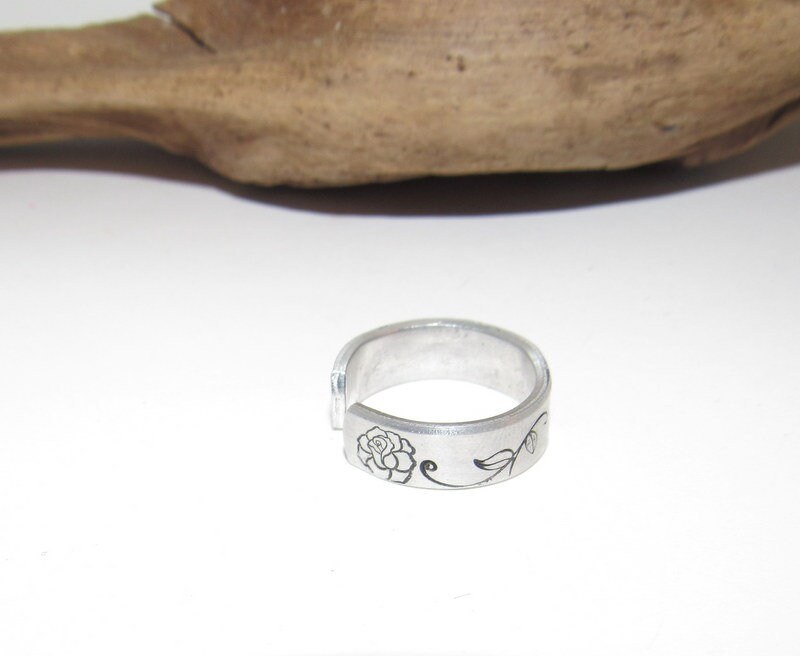 Rose Adjustable stamped ring, rose lover aluminum ring, inspiration rings, adjustable silver ring, stamped jewelry,, view 2