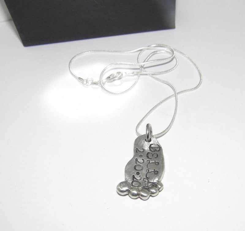 Baby foot necklace, Personalized pewter necklace, gift for new mom, name necklace, mothers necklace, custom hand stamped jewelry