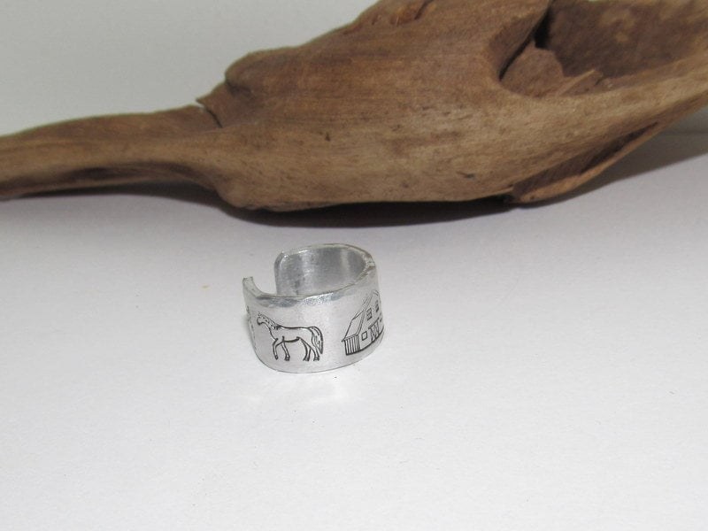 Horse barn ring, horse lover Aluminum Hand Stamped Ring, horse lover jewelry personalized adjustable ring, gift for horse lover, view 2