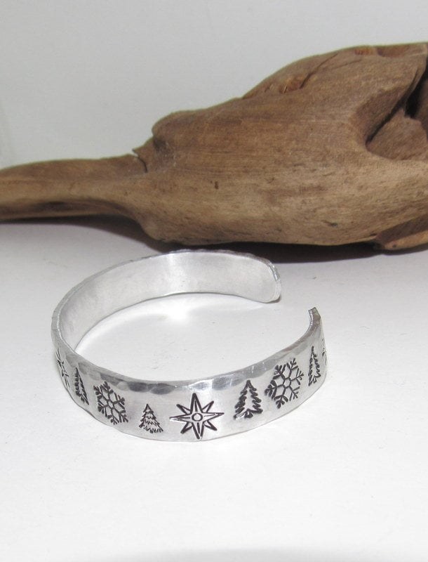 Christmas snow flake ring and bracelet set, adjustable ring, tree adjustable cuff, stamped jewelry, stocking stuffer bracelet, view 4