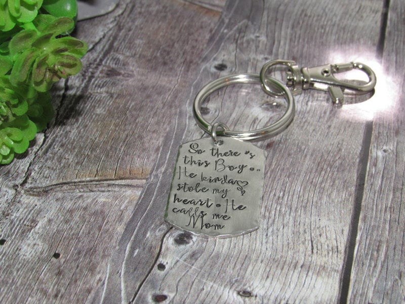 Pewter So there's this boy that stole my heart they call me mom, Key ring with kids names, custom personalized hand stamped jewelry, view 4