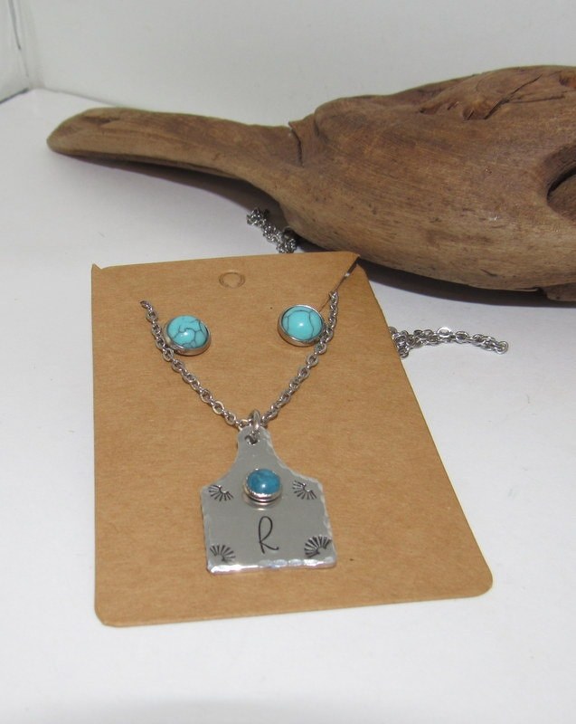 Initial necklace and earring set , personalized necklace pendant, Boho western theme necklace, western jewelry for her, pendant necklace, view 5