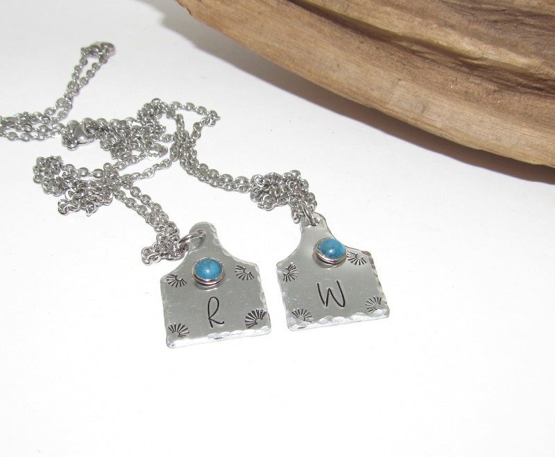 Personalized Initial Cow tag necklace with faux turquoise for her, horse lover gift, western jewelry for her, pendant necklace, view 4