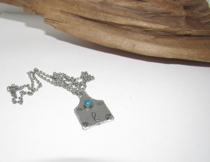 Personalized Initial Cow tag necklace with faux turquoise for her, horse lover gift, western jewelry for her, pendant necklace, view 5