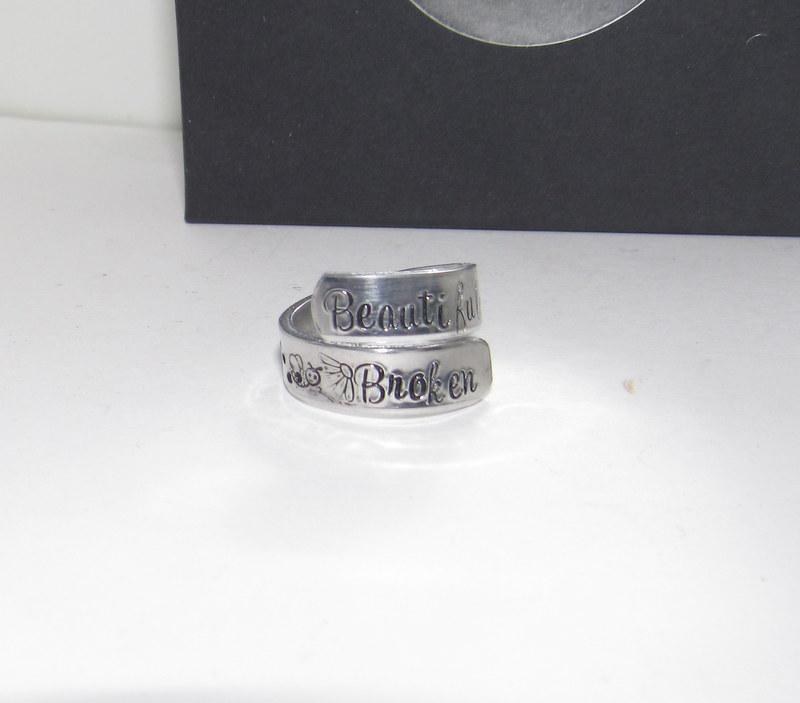 Beautifully broken daily inspiration rings, Silver wrap ring hand stamped jewelry , custom personalized rings,, view 2
