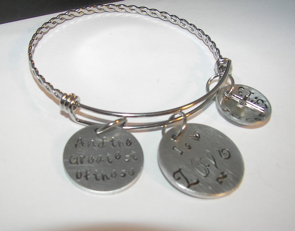And the greatest of these is love, adjustable bangel hand stamped jewelry inspirational personalized jewelry, corth 13 :13, view 5