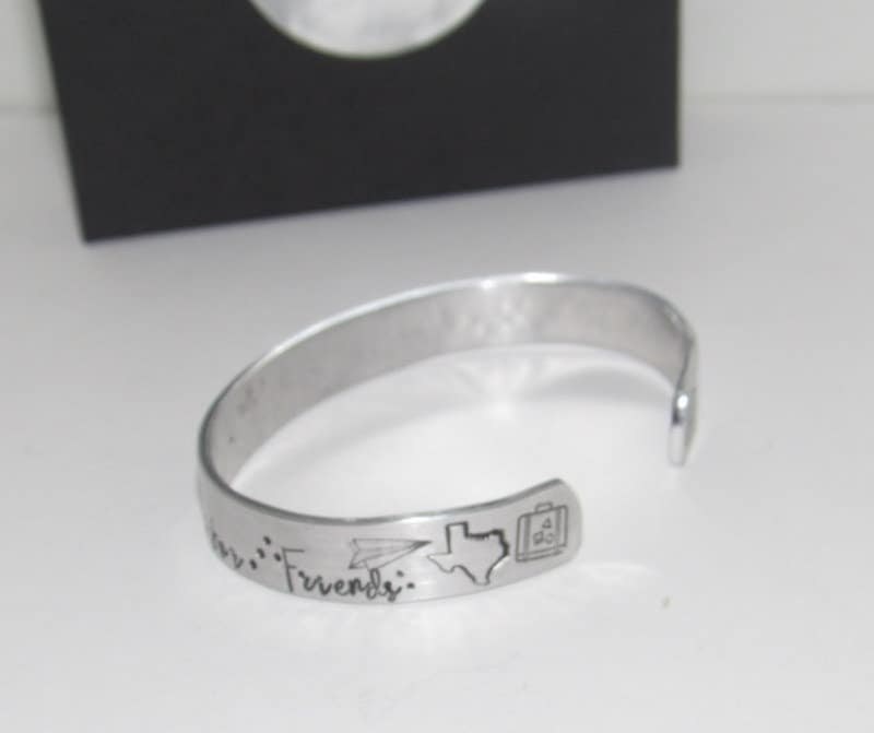 Never to far for friends personalized cuff bracelet ,bff long distance friendship cuff, custom hand stamped jewelry, handstamped jewelry, view 7