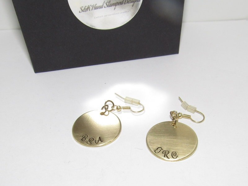 custom gold earrings for mom, personalized bridal earrings, hand stamped dangle drop earrings, handstamped jewelry, view 2