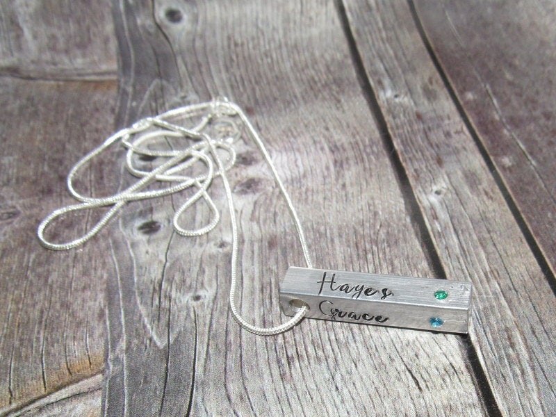 your wording 4 side pewter bar necklace, personalized necklace, names necklace , hand stamped jewelry, engraved mom necklace, view 2