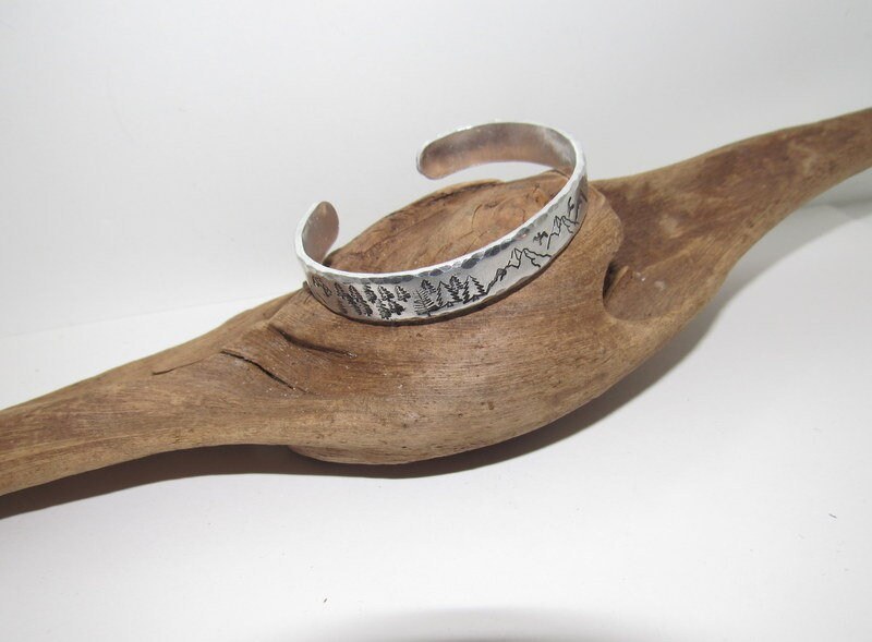 Mountain and tree theme stamped cuff bracelet, mountain lover gift, adjustable silver cuff, stamped jewelry, view 7