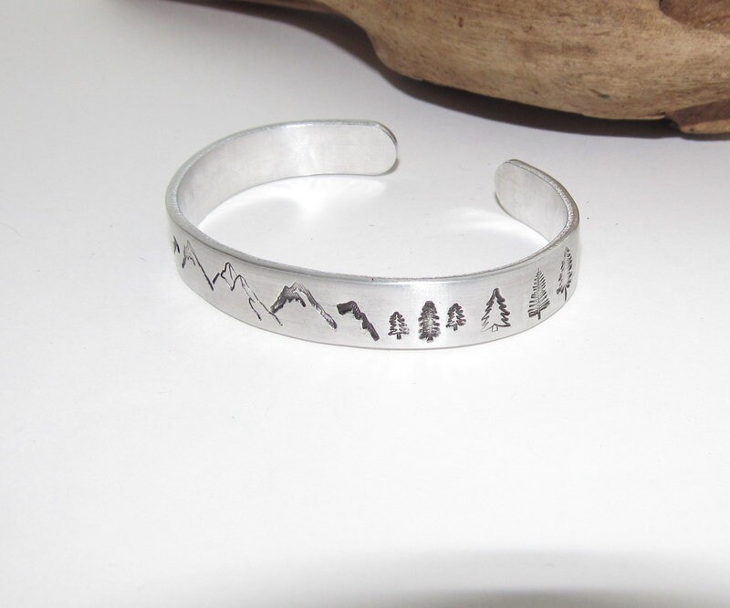Mountain cuff, tree cuff bracelet, mountain lover gift, adjustable silver cuff, stamped jewelry, stamped cuff bracelet, view 3