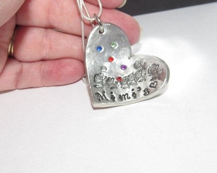 Personalized mom necklace with birthstone, Pewter family charm necklace, mothers jewelry, custom hand stamped jewelry gift for grandma, view 6