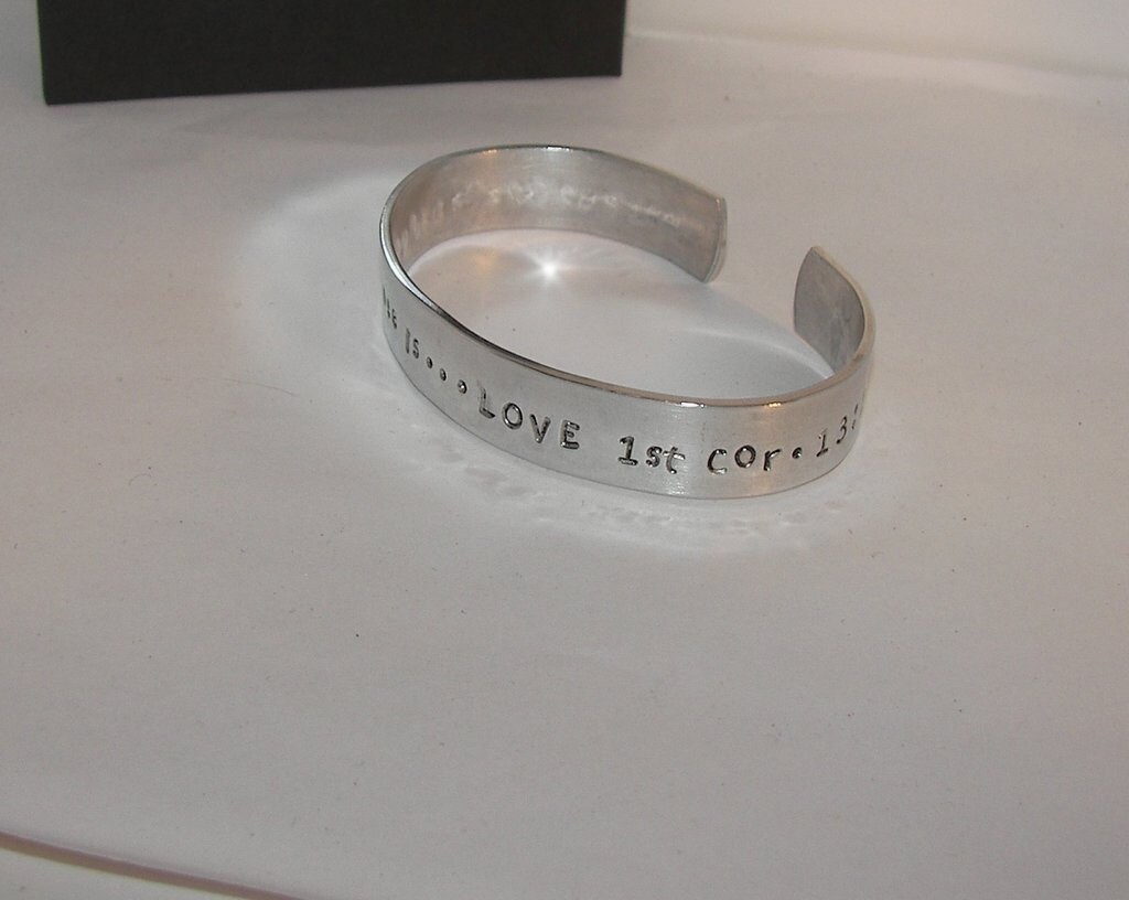 And the greatest of these is love cuff, hand stamped cuff bracelet, inspirational personalized jewelry, corth 13 :13, handstamped jewelry, view 3