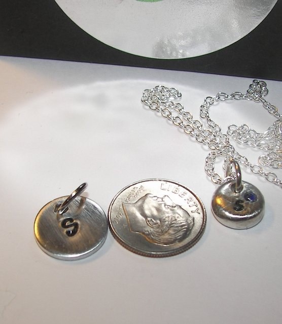 Personalized pewter tiny initial necklace with birthstone, kids name necklace, mothers initial necklace, custom hand stamped jewelry, view 4
