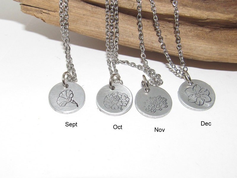 Sterling Birth flower necklace, Kids birth month flower gift, personalized hand stamped jewelry, Mothers day gift for mom , flower jewelry, view 4