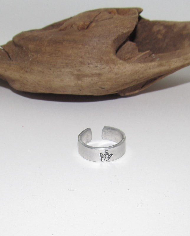 ASL I love you Adjustable stamped ring, I love you aluminum ring, inspiration rings, adjustable silver ring, stamped jewelry,
