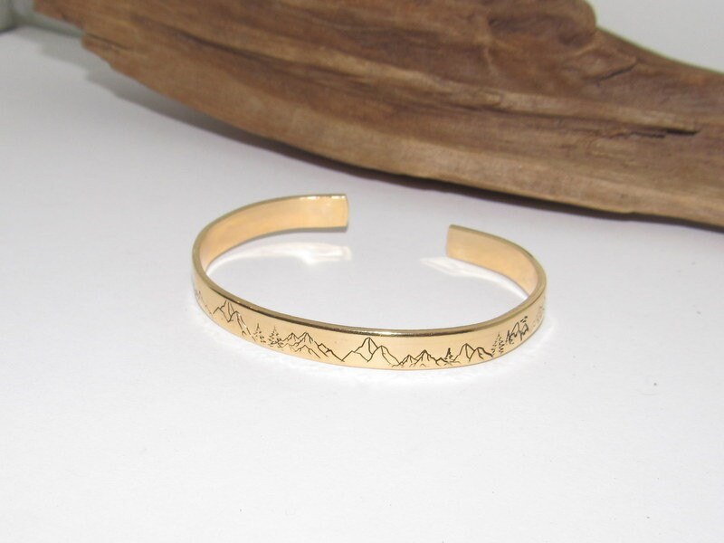 Skinny gold stacking Mountain cuff, tree cuff bracelet, mountain lover gift, adjustable silver cuff, stamped jewelry, stamped cuff bracelet, view 3