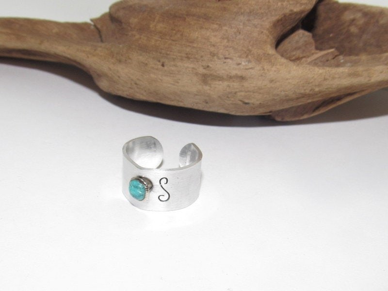 Adjustable initial ring with faux turquoise stone, aluminum initial ring, hand stamped ring, western ring, personalized gift, view 2