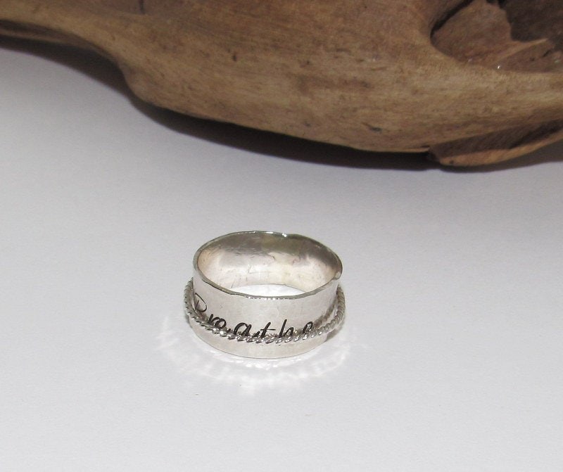 Breathe Sterling silver spinner ring, custom personalized jewelry, hand stamped jewelry for mom, Anniversary gift for mom