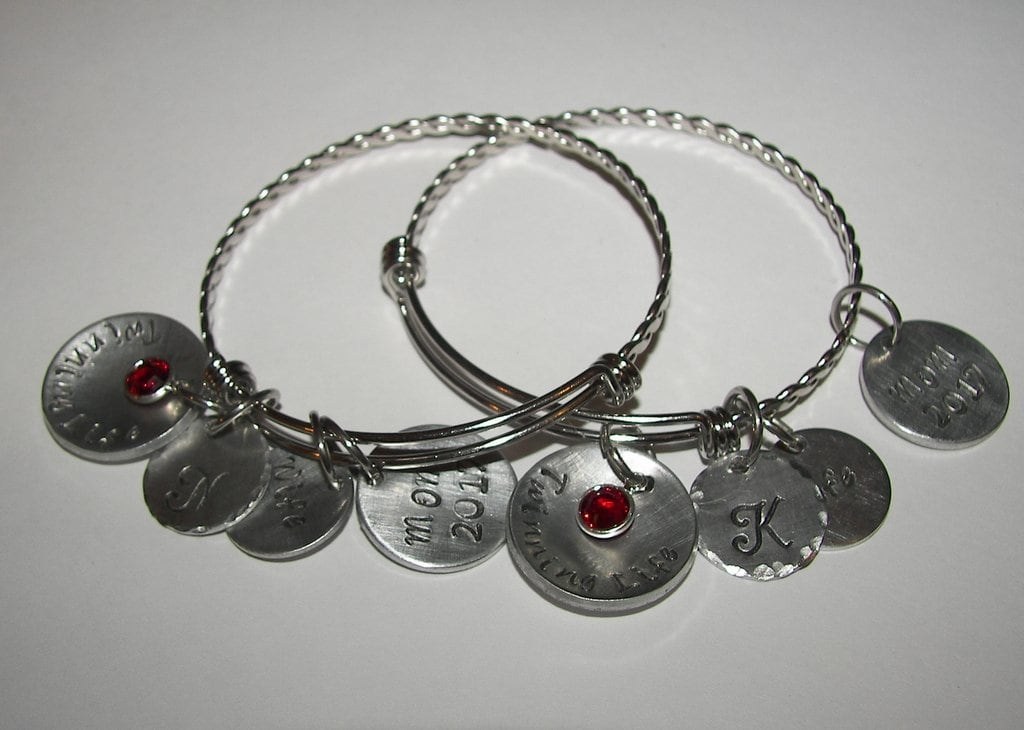 adjustable bangle charm bracelet with kids names and birth stones, personalized jewerly bangle, custom hand stamped jewelry, view 3