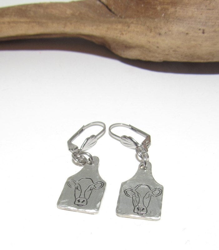 cow earrings, dangle drop earrings, farm animal jewelry , farm life jewelry , personalized earrings , stamped jewelry, bff cow lover gift, view 3