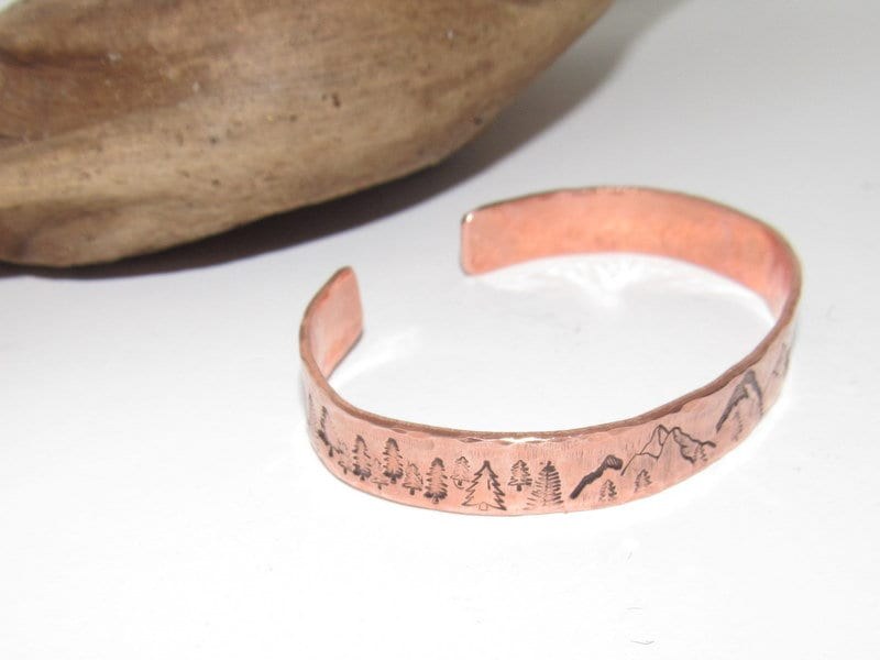 Mountain bracelet with trees, adjustable copper cuff, stamped jewelry, stamped copper bracelet,, view 2