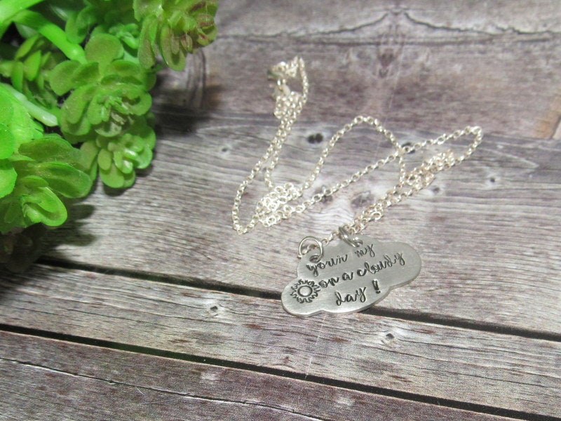 You are my sunshine on a cloudy day necklace, personalized pewter silver stamped jewelry, custom stamped jewelry, mother daughter necklace, view 2