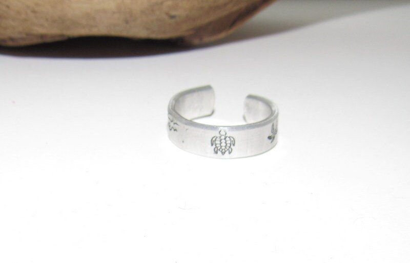 beach theme ring, Personalized Adjustable stamped ring, turtle lover stamped jewelry, boho beachring, view 3