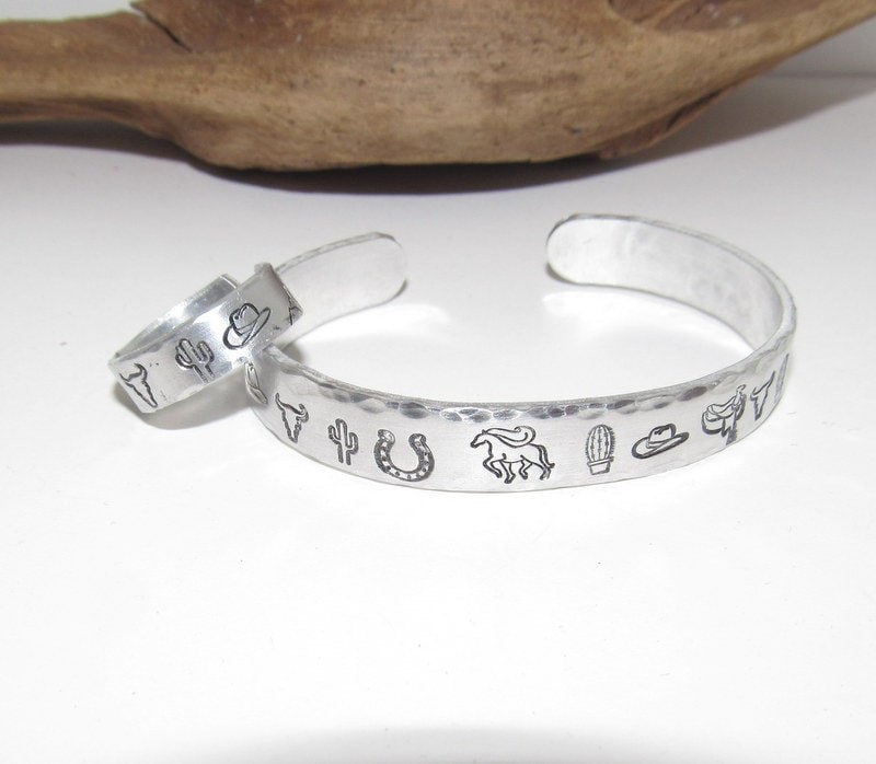 Western theme Personalized Adjustable cuff and ring set , inspiration rings, adjustable silver ring, stamped jewelry, boho mountain ring, view 2