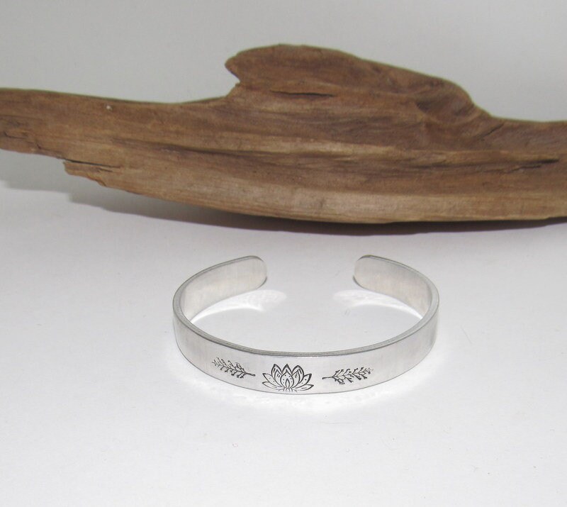 Sterling silver Lotus flower bracelet, Personalized plant Adjustable stamped cuff bracelet, pewter cuff, stamped jewelry,, view 2
