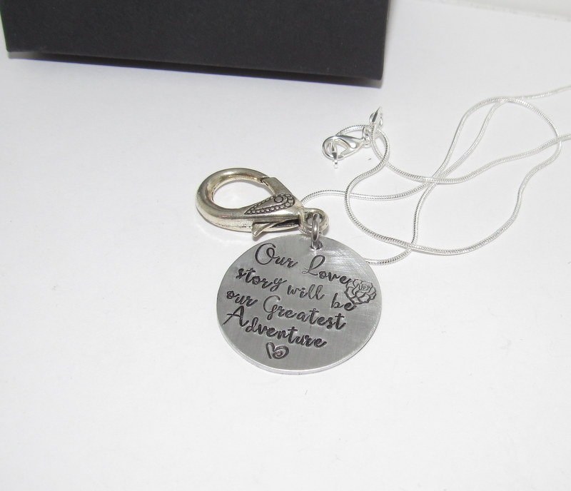 Our love story personalized Ring holder necklace , mother to be gift, hand stamped new mom or mommy to be necklace handstamped jewelry, view 8