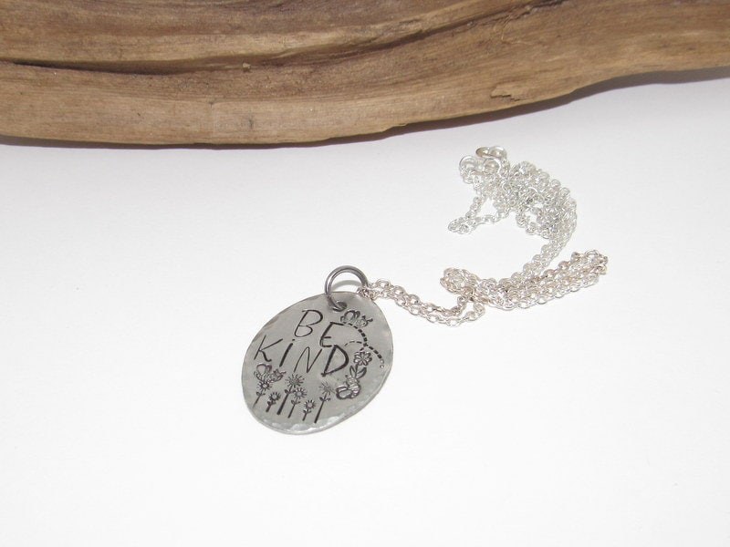 Pewter Be Kind necklace,reminder necklace, personalized jewelry for mom, Mothers custom hand stamped jewelry